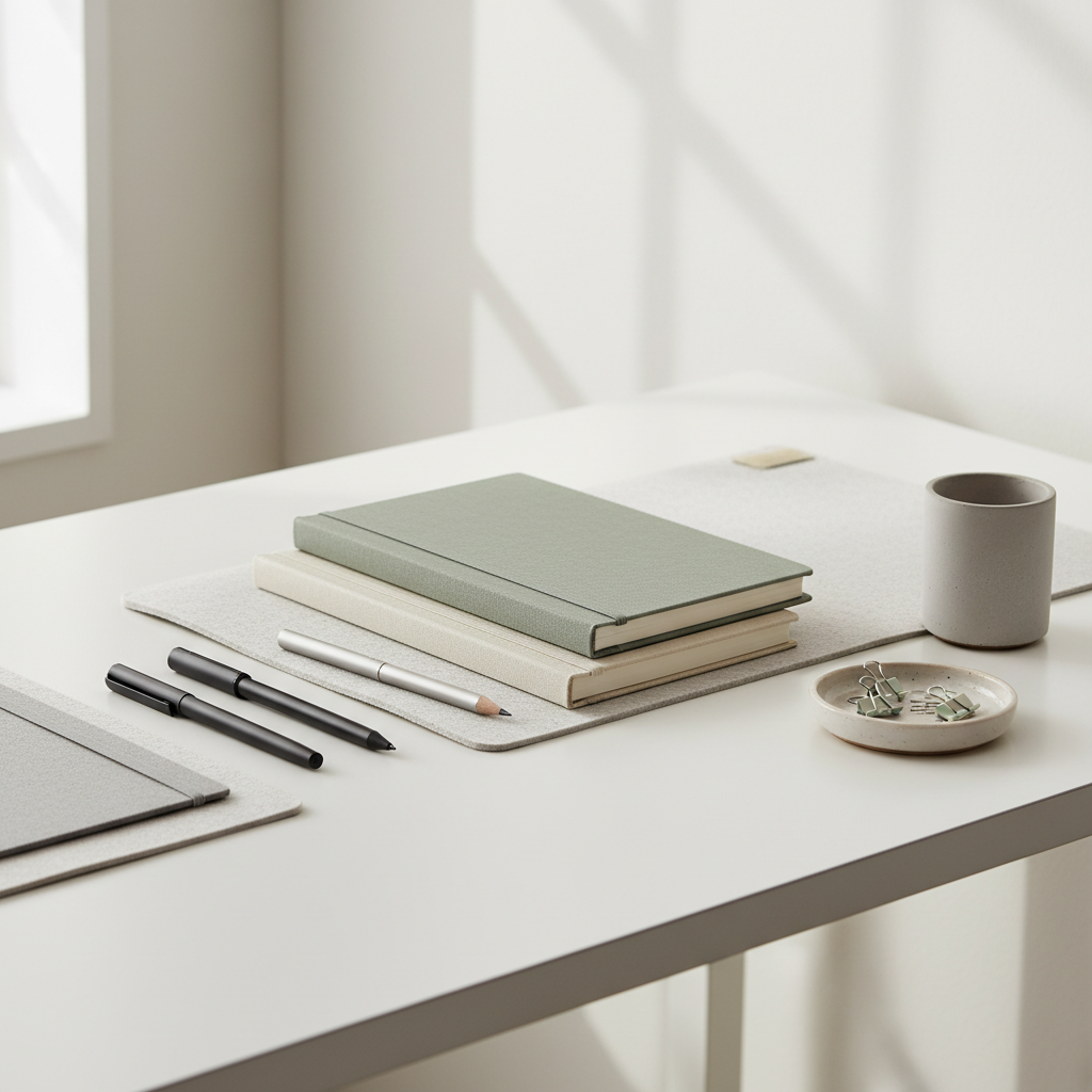 Stationery collection including notebooks, pens, and desk accessories